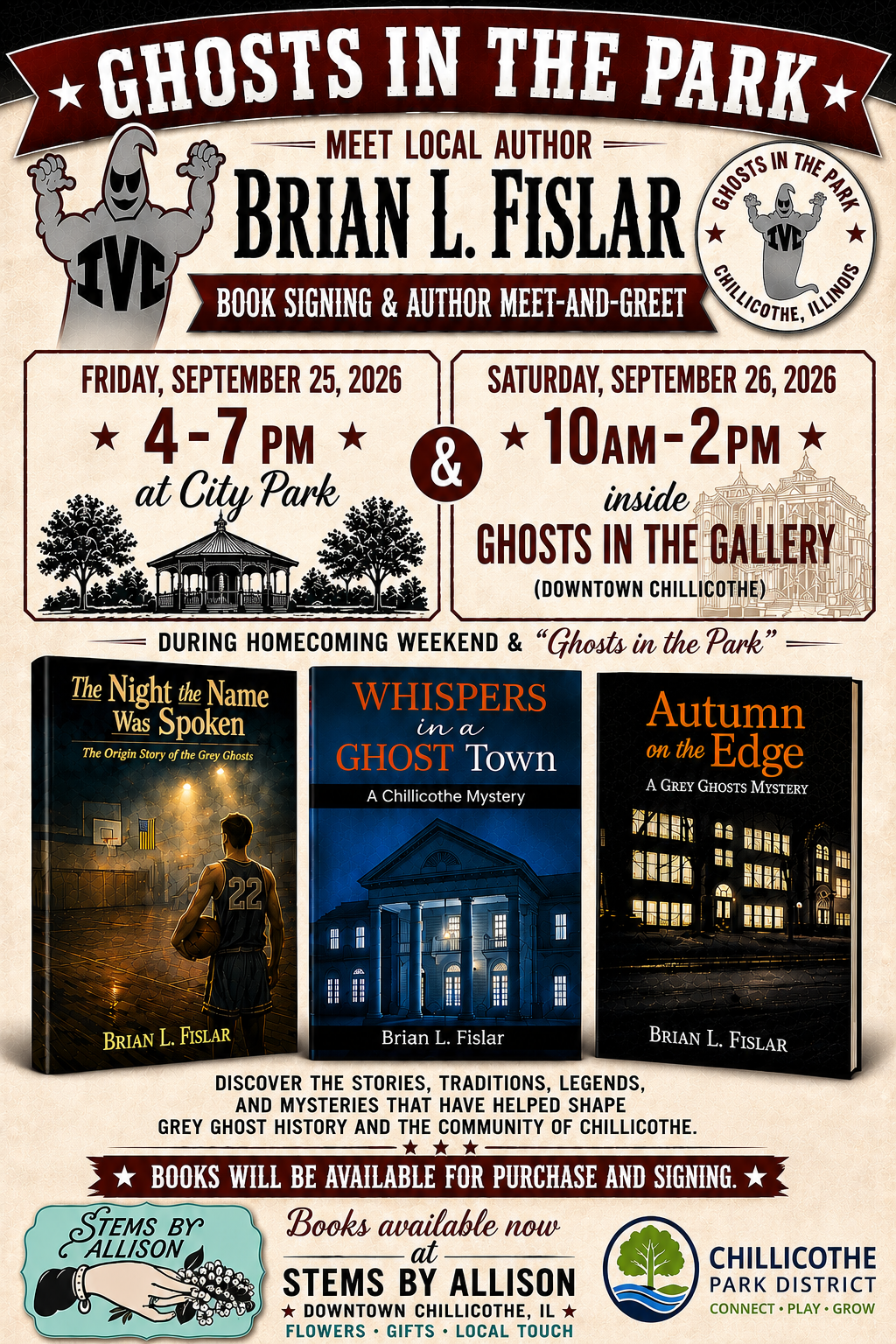 Ghosts in the Park book signing event flyer